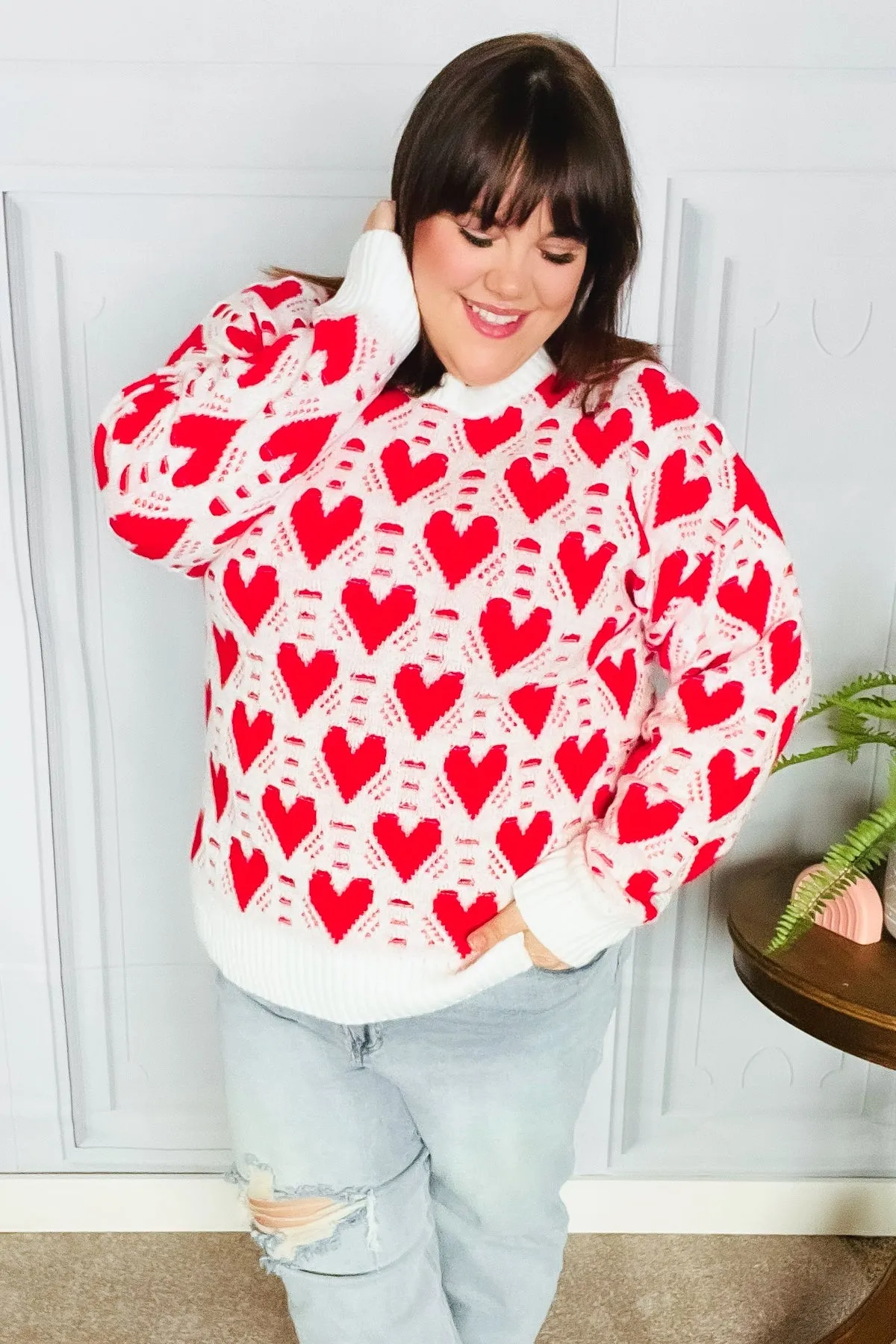 True Hearts Ivory & Red Heart Oversized Sweater sold by Charming Charlie product image thumbnail 2