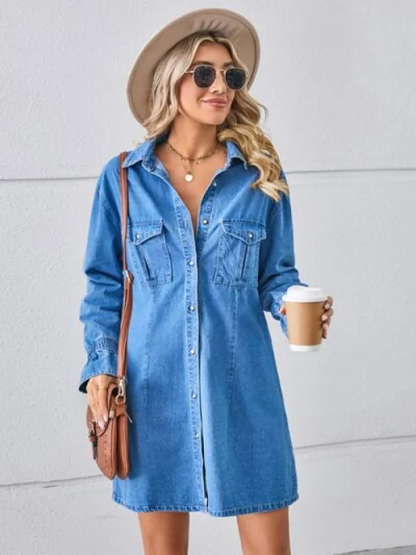 Pocketed Dropped Shoulder Mini Denim Dress sold by Charming Charlie