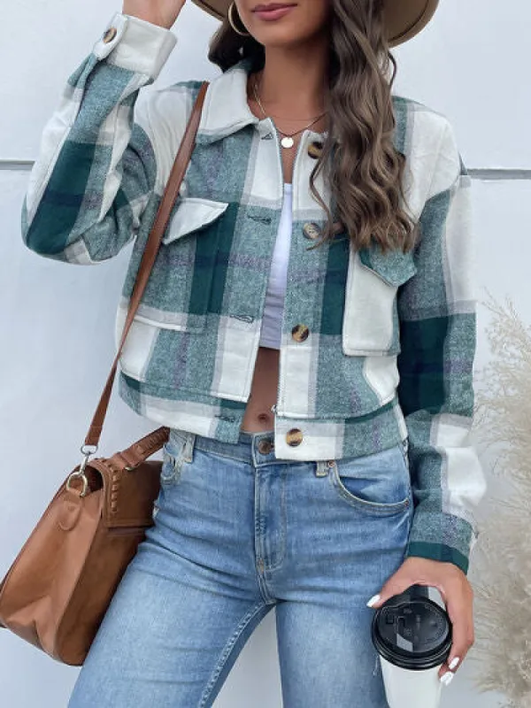 Plaid Button Up Drop Shoulder Cropped Jacket sold by Charming Charlie