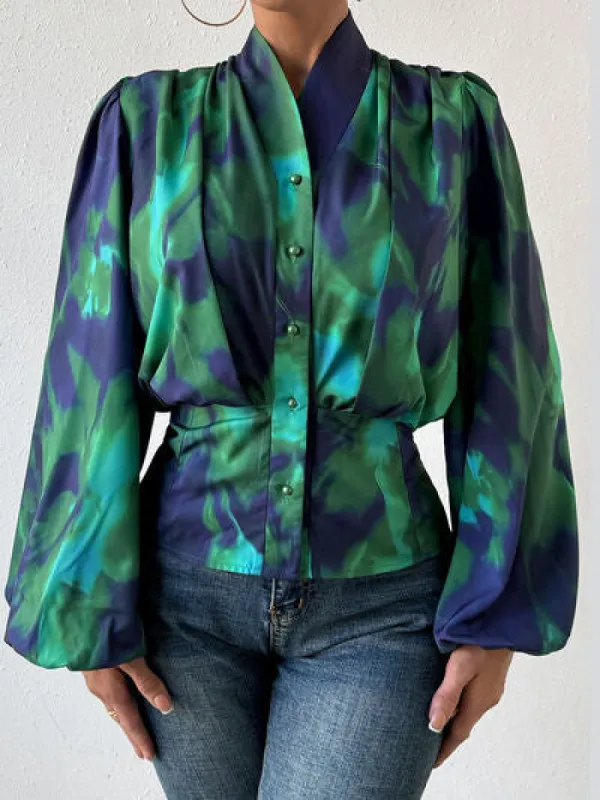 Tie-Dye Button Up Balloon Sleeve Blouse sold by Charming Charlie