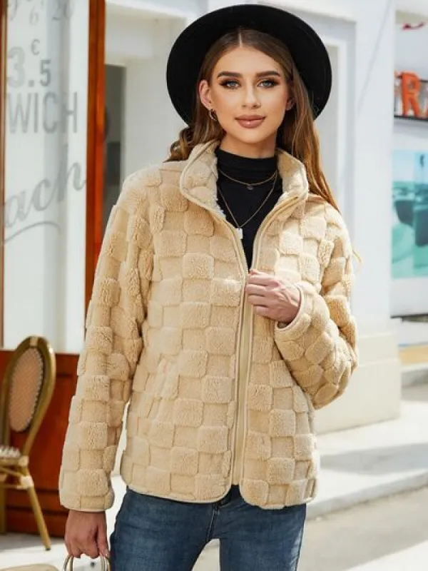 Fuzzy Checkered Zip Up Jacket sold by Charming Charlie