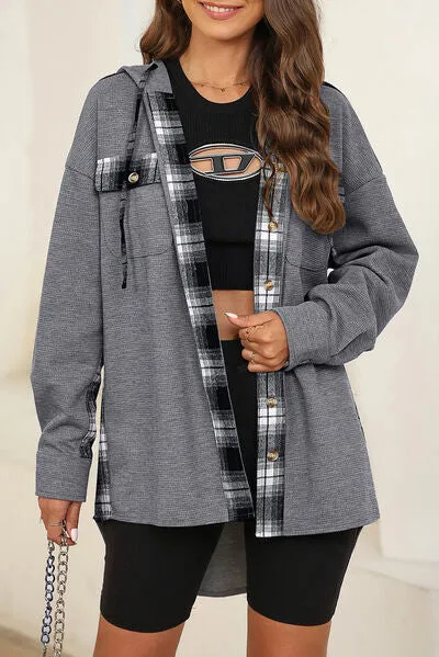 Plaid Waffle-Knit Drawstring Hooded Jacket sold by Charming Charlie