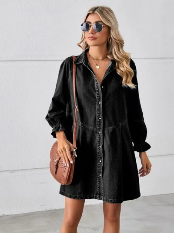 Button Up Flounce Sleeve Mini Denim Dress sold by Charming Charlie