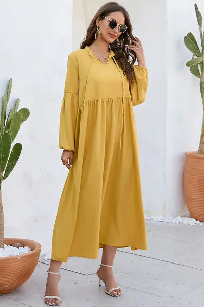 Ruched Tie Neck Balloon Sleeve Midi Dress sold by Charming Charlie product image thumbnail 3