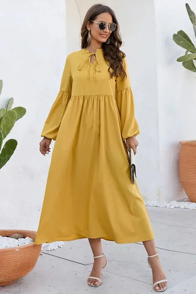 Ruched Tie Neck Balloon Sleeve Midi Dress sold by Charming Charlie