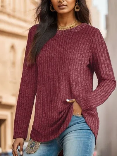 Ribbed Round Neck Long Sleeve Blouse sold by Charming Charlie