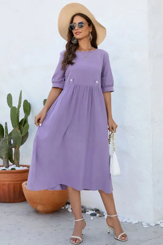 Decorative Button Round Neck Half Sleeve Dress sold by Charming Charlie