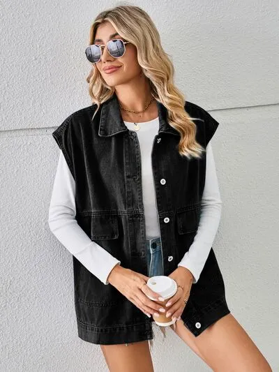 Pocketed Button Up Sleeveless Denim Jacket sold by Charming Charlie product image thumbnail 2