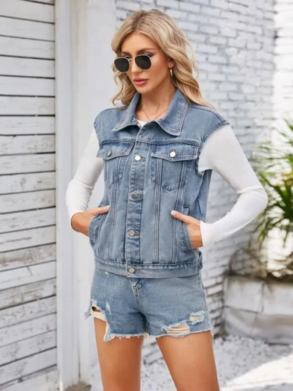 Button Up Cap Sleeve Denim Jacket sold by Charming Charlie