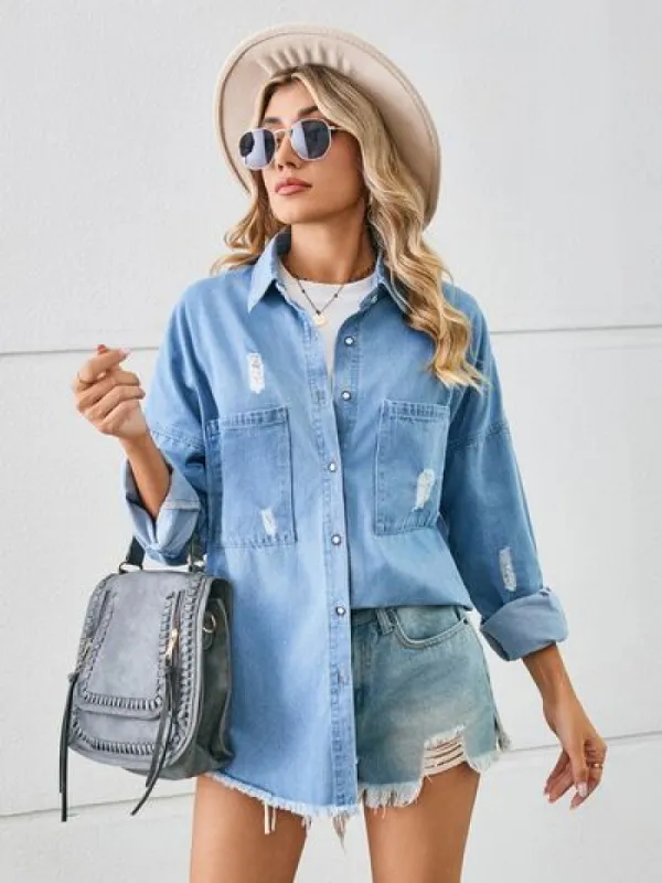Distressed Raw Hem Dropped Shoulder Denim Jacket sold by Charming Charlie