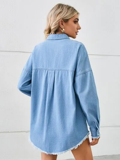 Distressed Raw Hem Dropped Shoulder Denim Jacket sold by Charming Charlie product image thumbnail 2