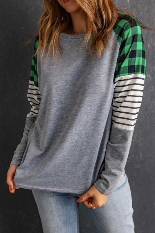 Striped Plaid Round Neck Long Sleeve T-Shirt sold by Charming Charlie
