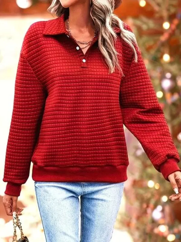 Waffle-Knit Collared Neck Long Sleeve Sweatshirt sold by Charming Charlie