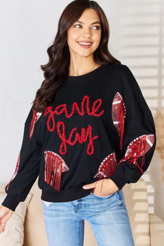 Rugby Sequin Round Neck Sweatshirt made by Charming Charlie
