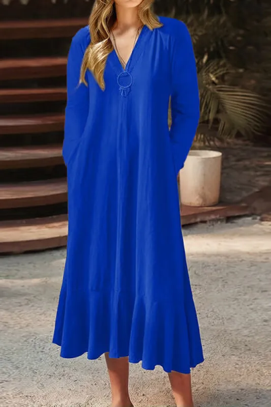 V-Neck Tie Back Ruffle Hem Midi Dress sold by Charming Charlie