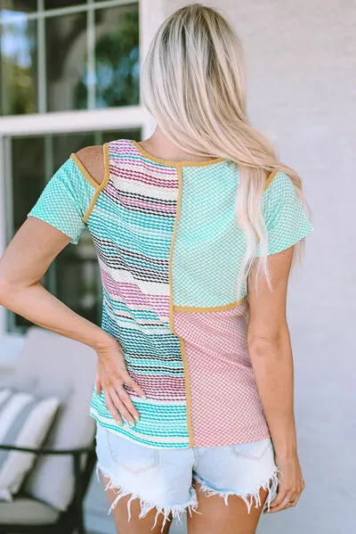 Patchwork Round Neck Cold Shoulder T-Shirt sold by Charming Charlie product image thumbnail 2