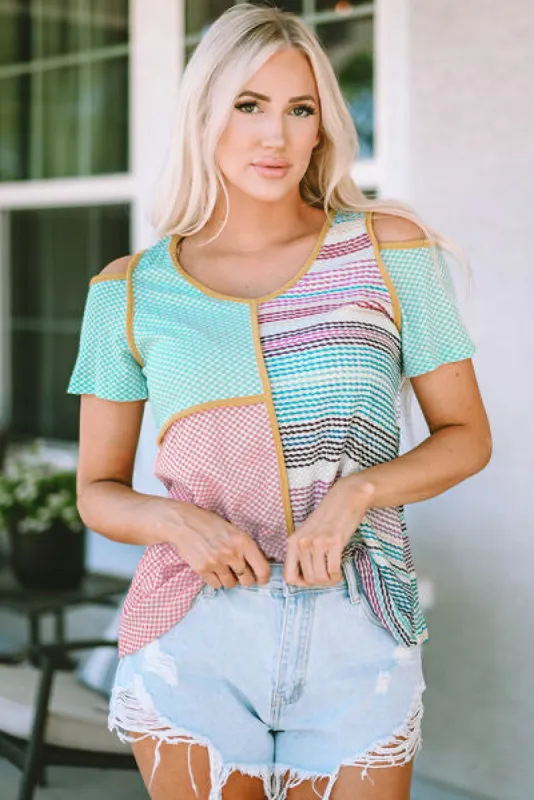 Patchwork Round Neck Cold Shoulder T-Shirt sold by Charming Charlie