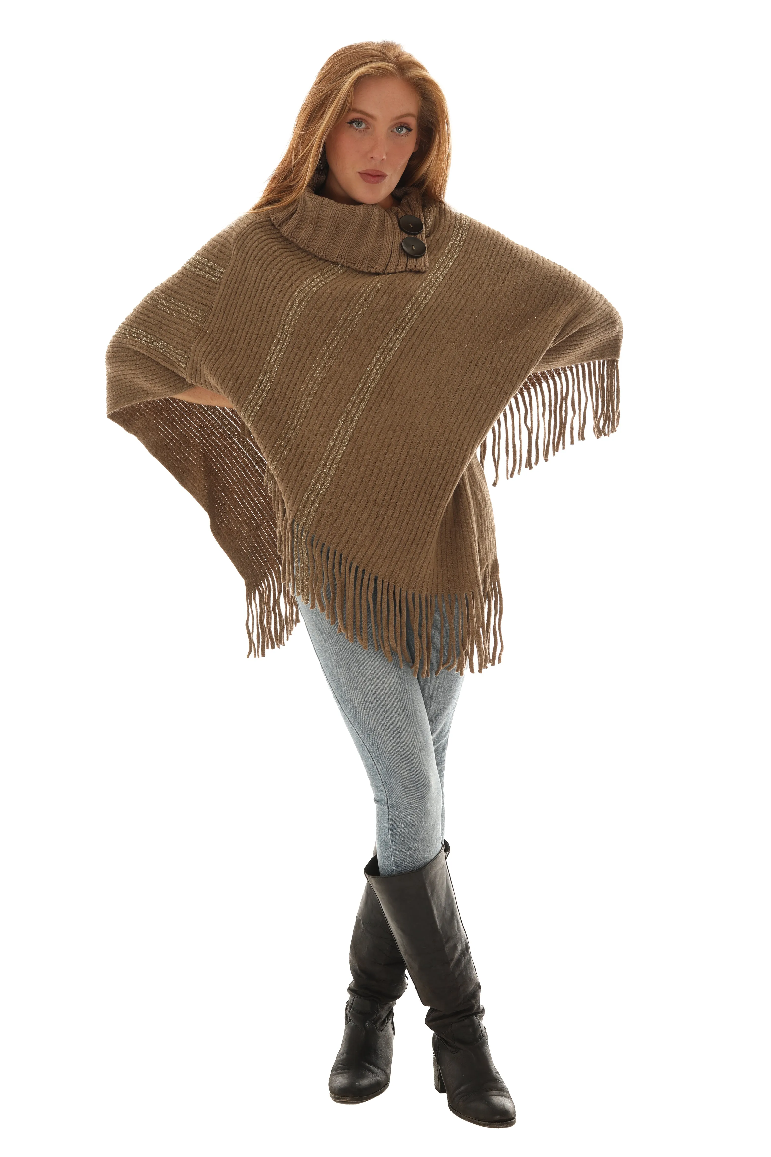 Buttoned Cowl Neck Fringe Poncho sold by Charming Charlie