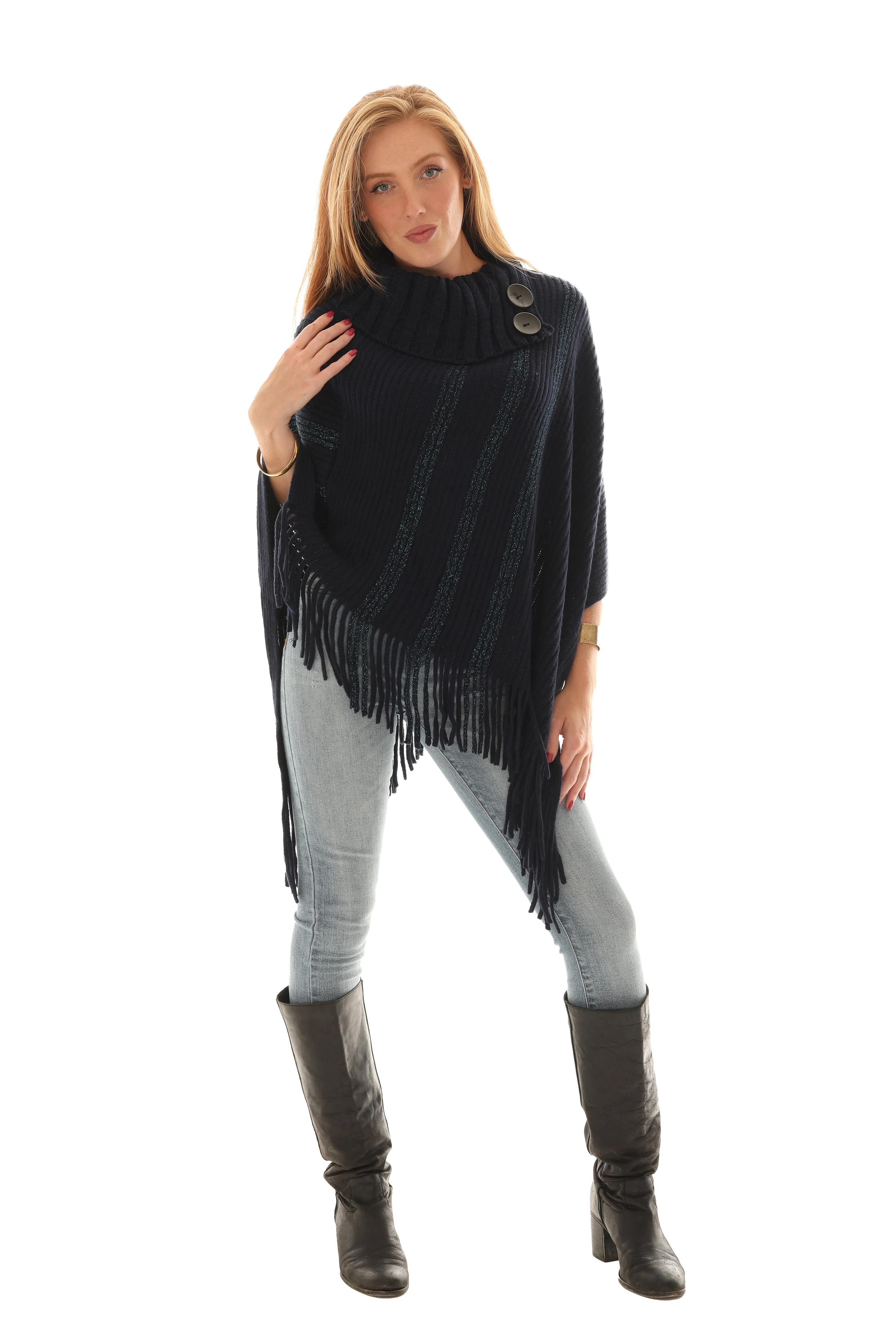 Buttoned Cowl Neck Fringe Poncho sold by Charming Charlie product image thumbnail 4