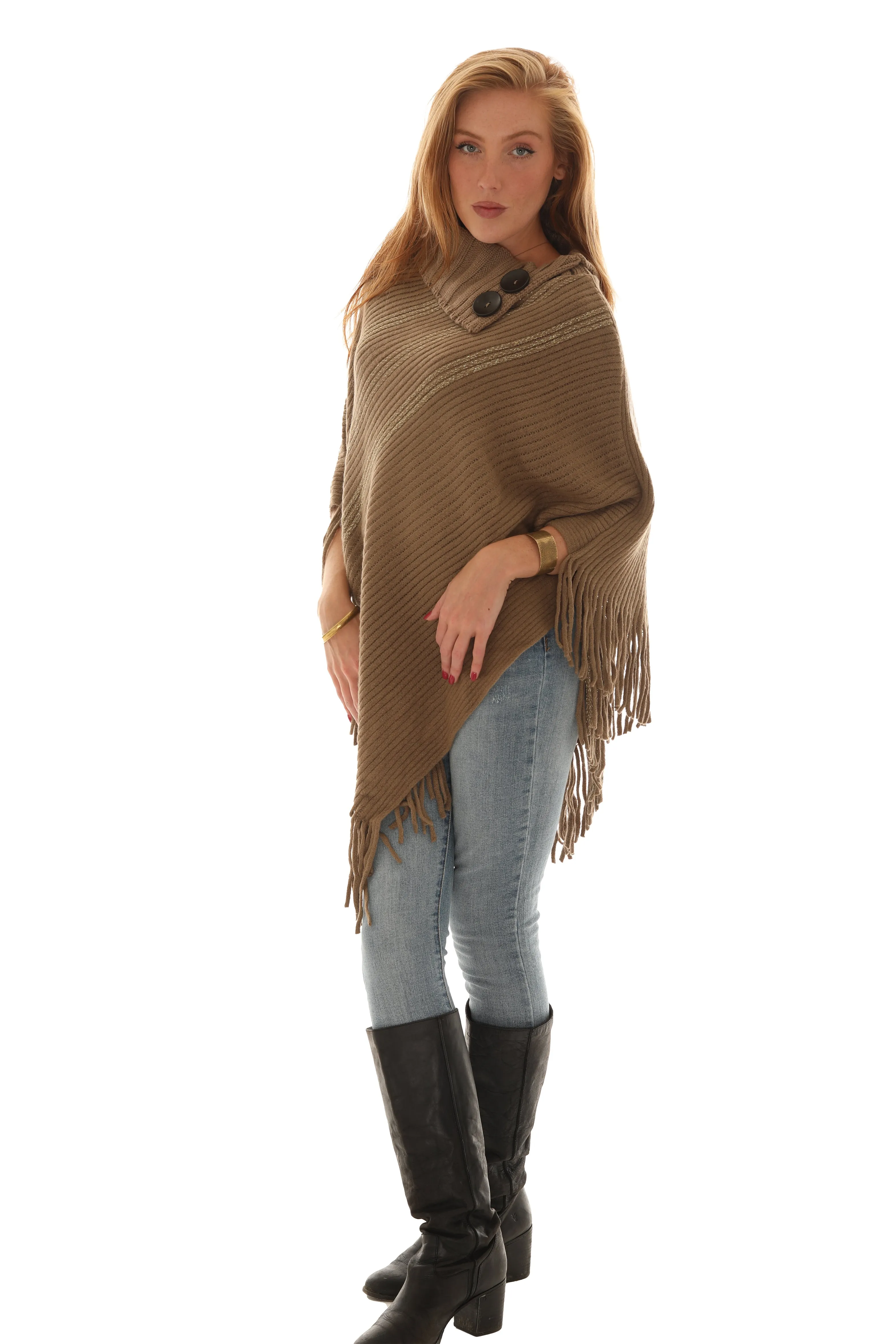 Buttoned Cowl Neck Fringe Poncho sold by Charming Charlie product image thumbnail 2