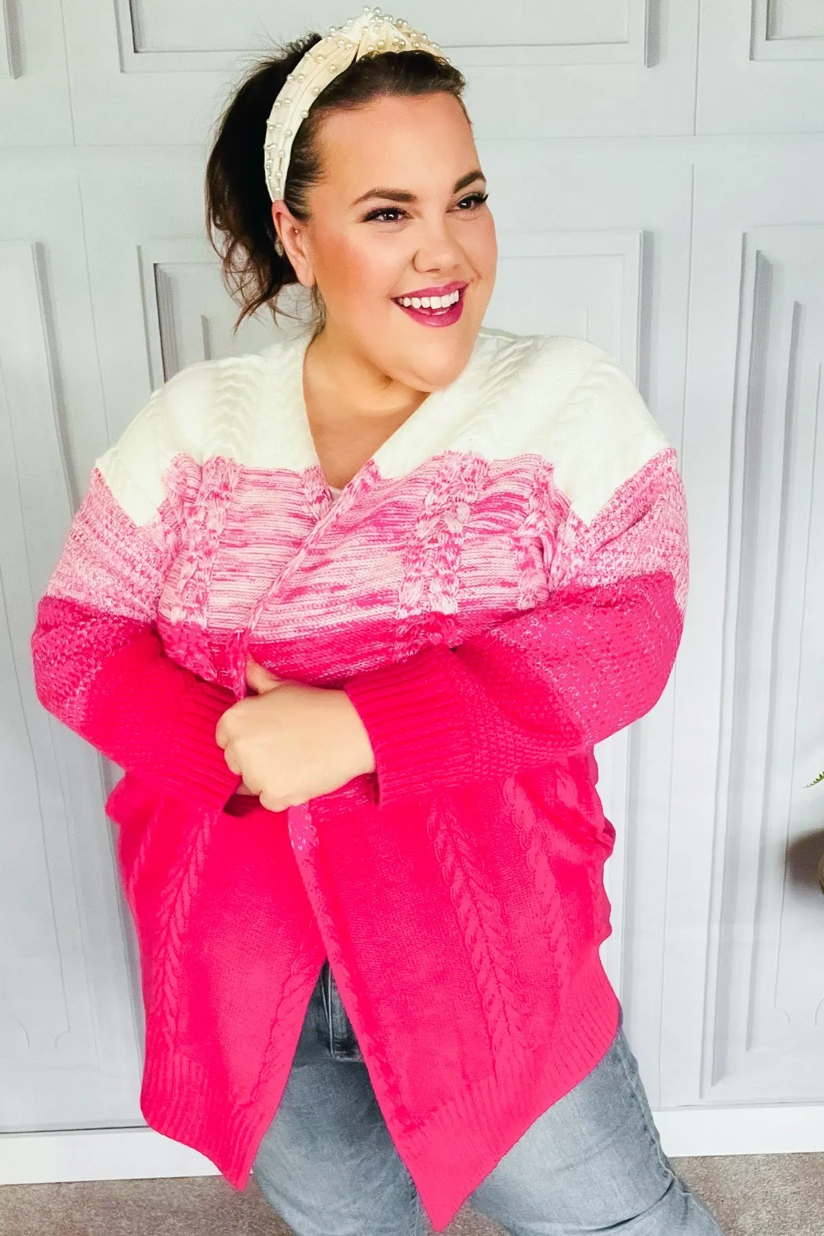 Always Fun Fuchsia Ombre Cable Knit Cardigan sold by Charming Charlie product image thumbnail 4