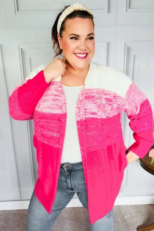 Always Fun Fuchsia Ombre Cable Knit Cardigan sold by Charming Charlie