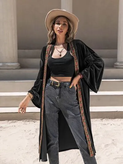 Printed Trim Open Front Flare Sleeve Cardigan sold by Charming Charlie