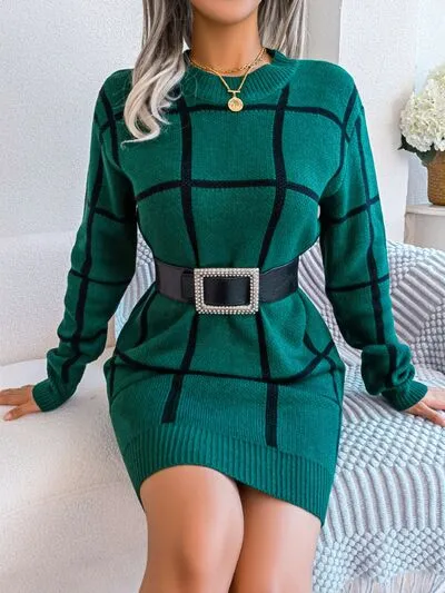 Plaid Round Neck Dropped Shoulder Sweater Dress sold by Charming Charlie product image thumbnail 3