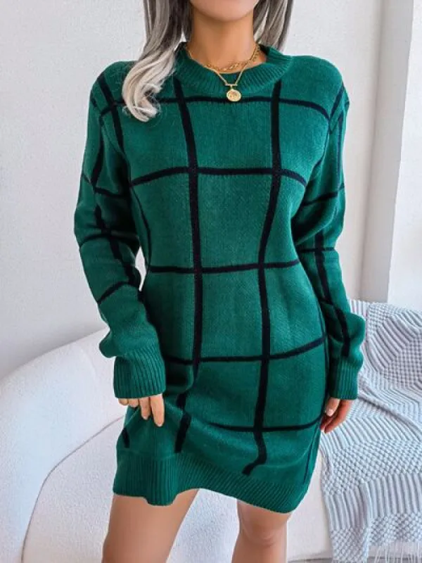 Plaid Round Neck Dropped Shoulder Sweater Dress sold by Charming Charlie