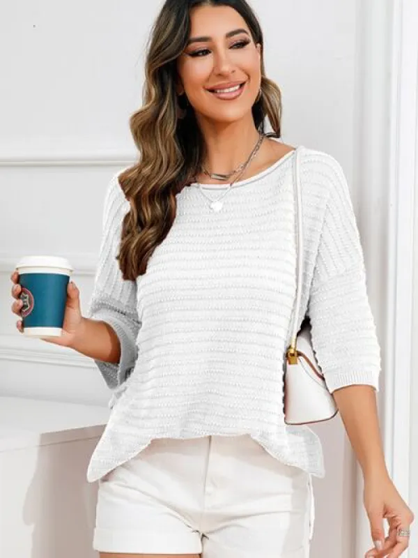 Rolled Round Neck Dropped Shoulder Slit Sweater sold by Charming Charlie