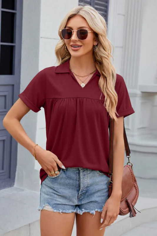 Ruched Johnny Collar Short Sleeve Blouse sold by Charming Charlie