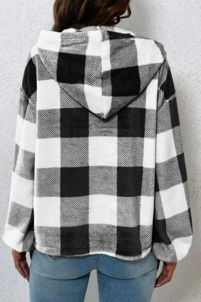 Plaid Quarter Button Dropped Shoulder Hoodie sold by Charming Charlie product image thumbnail 4