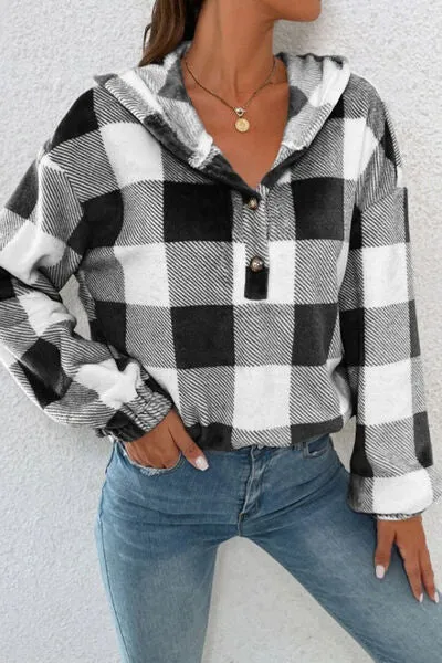 Plaid Quarter Button Dropped Shoulder Hoodie sold by Charming Charlie