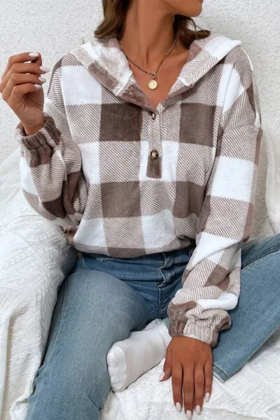 Plaid Quarter Button Dropped Shoulder Hoodie sold by Charming Charlie product image thumbnail 5