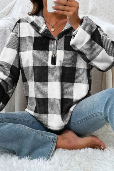 Plaid Quarter Button Dropped Shoulder Hoodie sold by Charming Charlie product image thumbnail 2