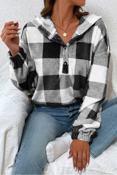 Plaid Quarter Button Dropped Shoulder Hoodie sold by Charming Charlie product image thumbnail 3