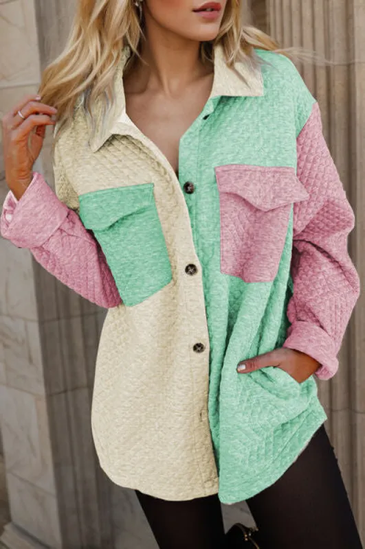 Color Block Button Up Long Sleeve Shacket sold by Charming Charlie