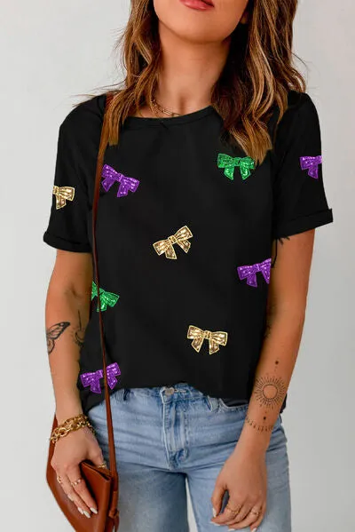 Bow Print Sequin Round Neck Short Sleeve T-Shirt sold by Charming Charlie