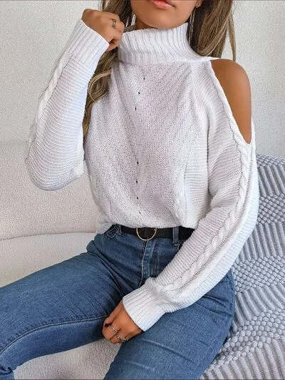Cable-Knit Turtleneck Cold Shoulder Sweater sold by Charming Charlie