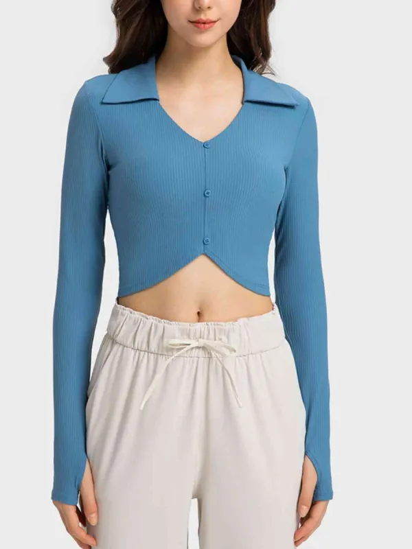 Johnny Collar Long Sleeve Sports Top sold by Charming Charlie