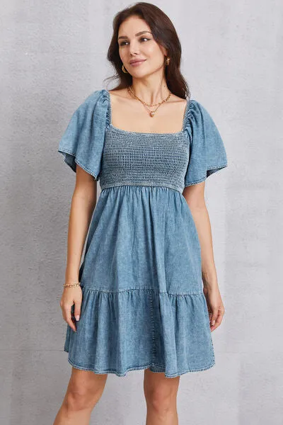 Smocked Square Neck Mini Denim Dress sold by Charming Charlie product image thumbnail 5