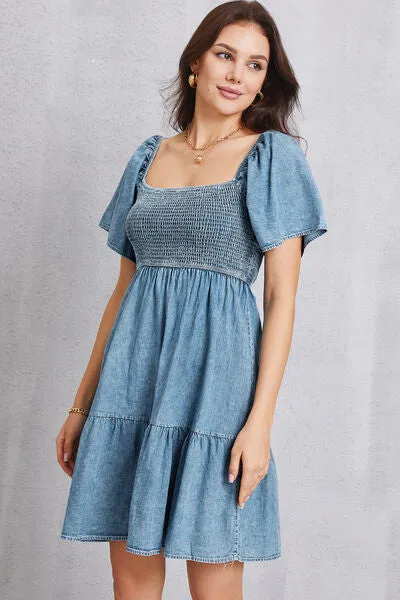 Smocked Square Neck Mini Denim Dress sold by Charming Charlie product image thumbnail 2