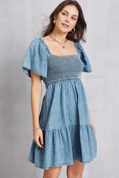 Smocked Square Neck Mini Denim Dress sold by Charming Charlie product image thumbnail 3