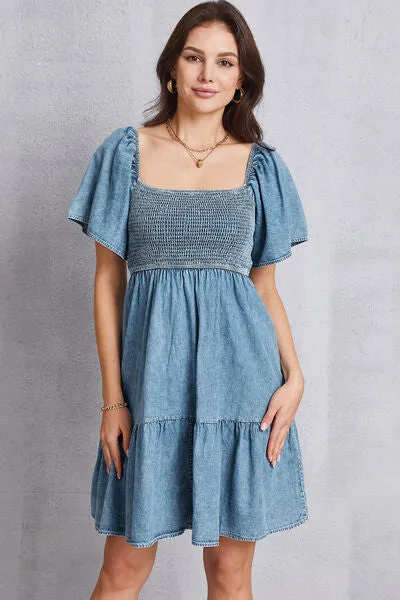 Smocked Square Neck Mini Denim Dress sold by Charming Charlie product image thumbnail 4