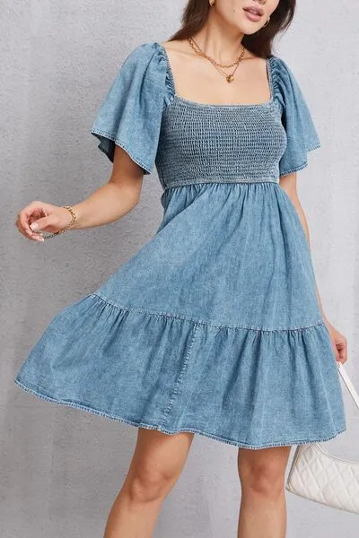 Smocked Square Neck Mini Denim Dress sold by Charming Charlie