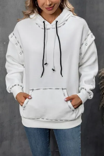 Drawstring Kangaroo Pocket Dropped Shoulder Hoodie sold by Charming Charlie