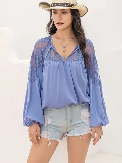 Lace Detail Tie Neck Balloon Sleeve Blouse sold by Charming Charlie product image thumbnail 4
