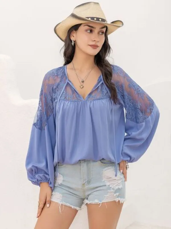 Lace Detail Tie Neck Balloon Sleeve Blouse sold by Charming Charlie
