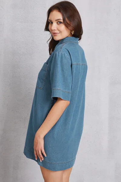 Pocketed Collared Neck Mini Denim Dress sold by Charming Charlie product image thumbnail 4