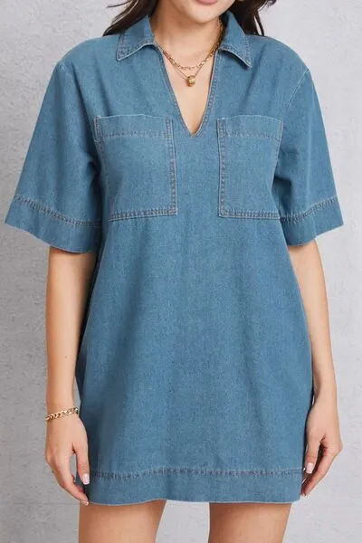 Pocketed Collared Neck Mini Denim Dress sold by Charming Charlie